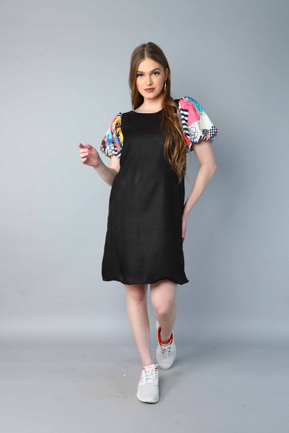 Black Dress with Printed Puff Sleeves