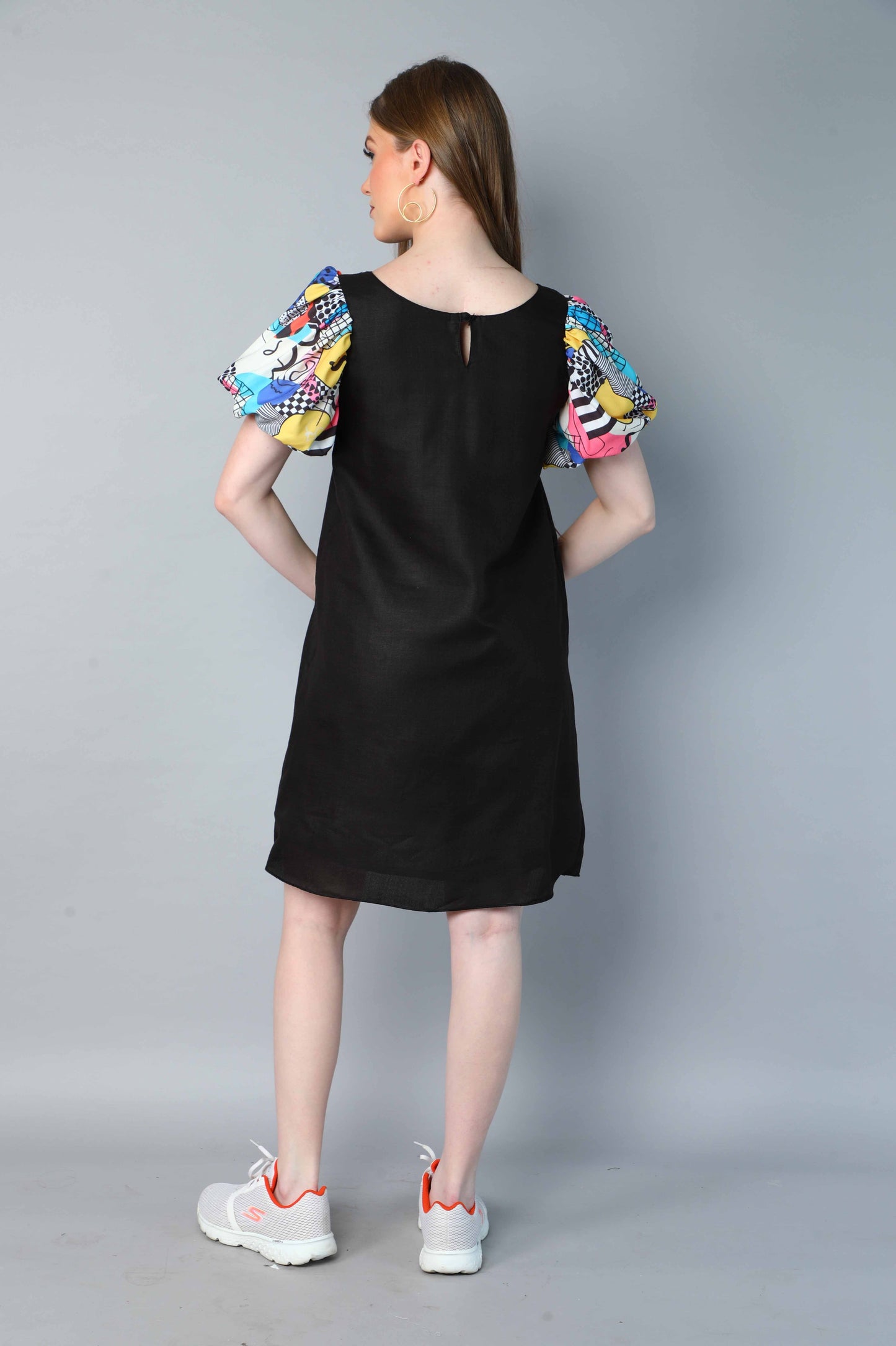 Black Dress with Printed Puff Sleeves