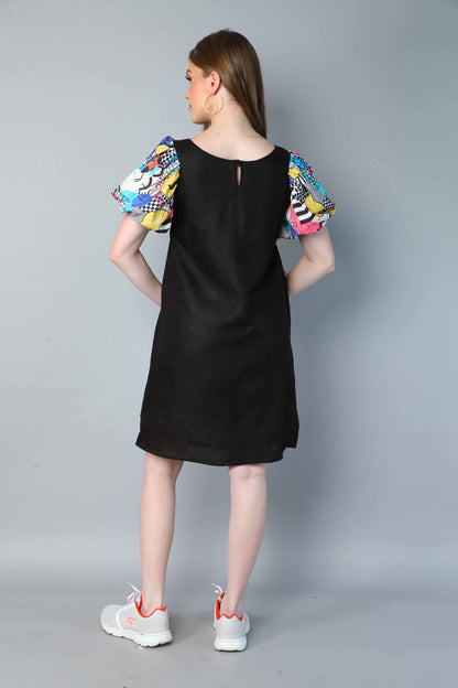 Black Dress with Printed Puff Sleeves