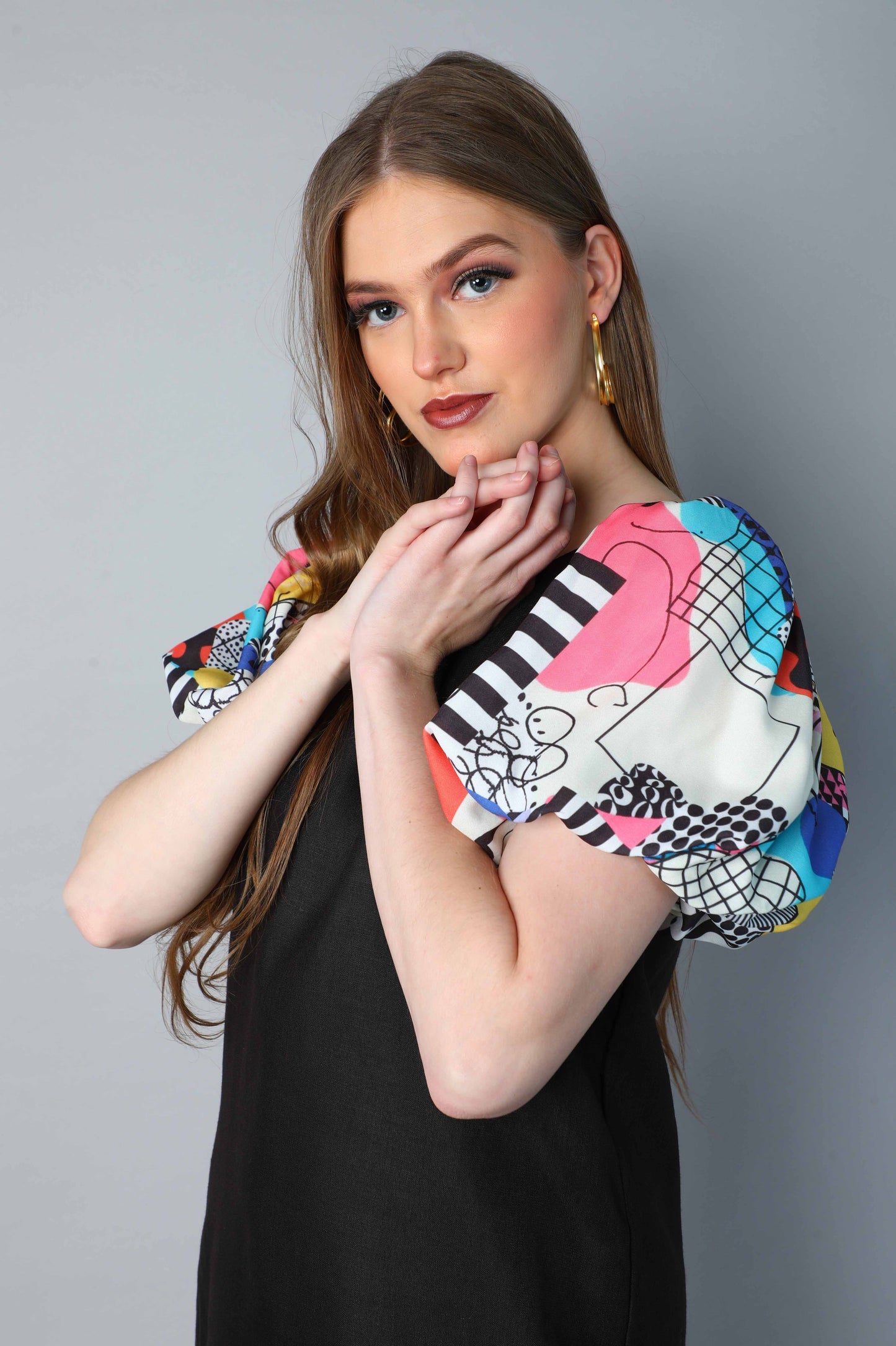 Black Dress with Printed Puff Sleeves