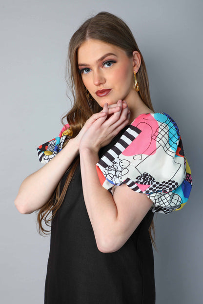 Black Dress with Printed Puff Sleeves