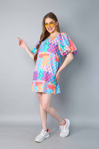Pixel Pop Puff Sleeve Mini Dress