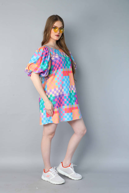 Pixel Pop Puff Sleeve Mini Dress