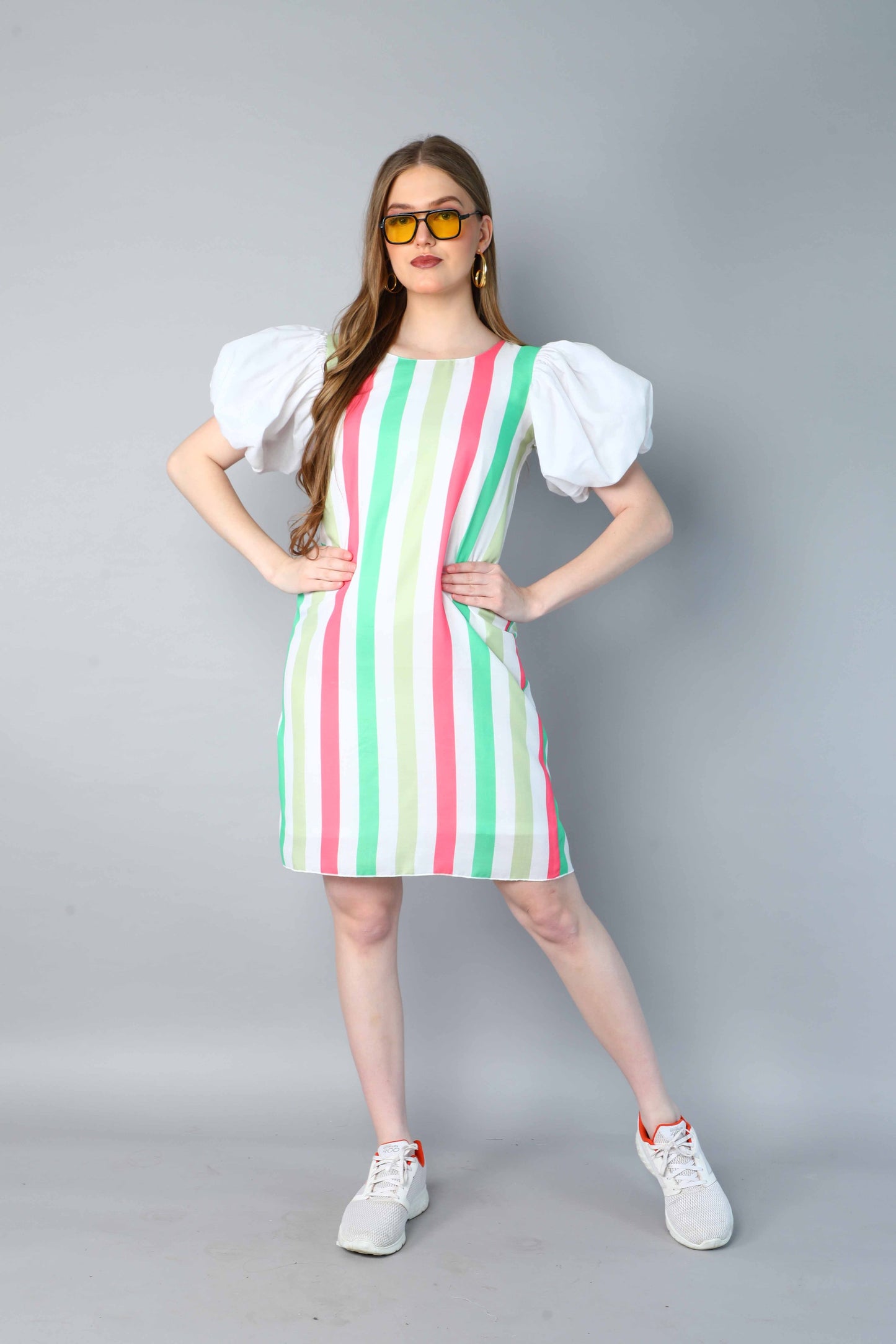 Striped Puff Sleeves Shift Dress -Coral