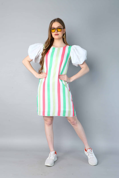 Striped Puff Sleeves Shift Dress -Coral