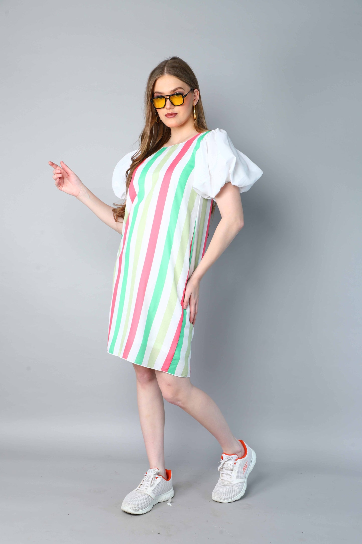 Striped Puff Sleeves Shift Dress -Coral