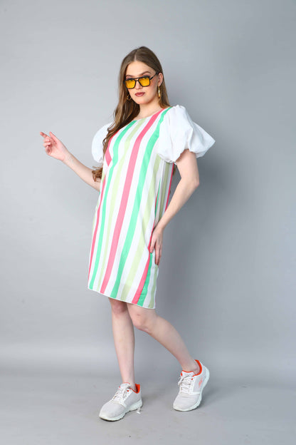 Striped Puff Sleeves Shift Dress -Coral