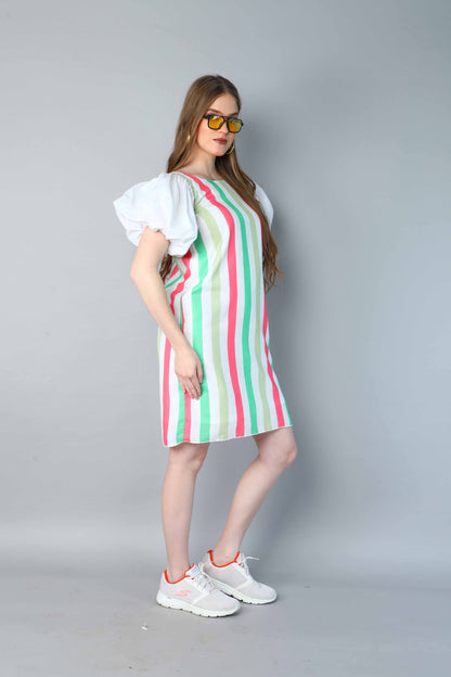 Striped Puff Sleeves Shift Dress -Coral