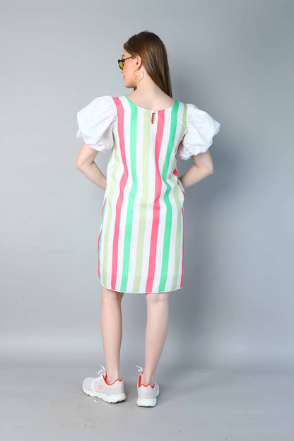 Striped Puff Sleeves Shift Dress -Coral