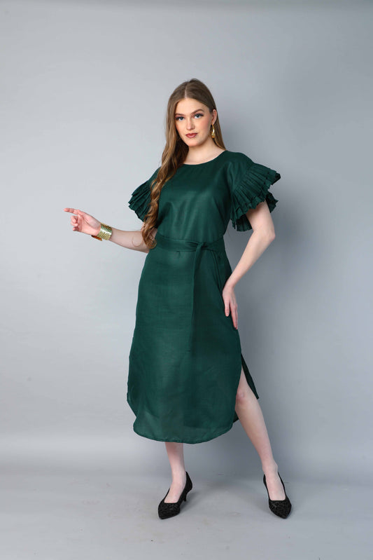 Double-Layered Pleated Ruffle Sleeve Dress -Green
