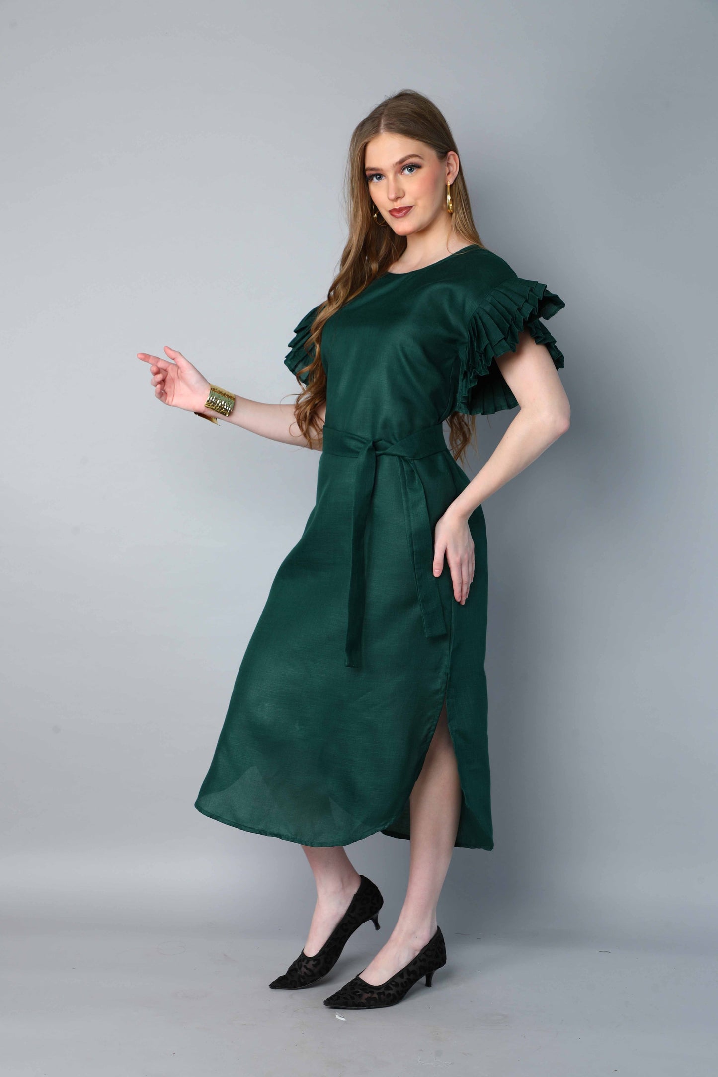 Double-Layered Pleated Ruffle Sleeve Dress -Green