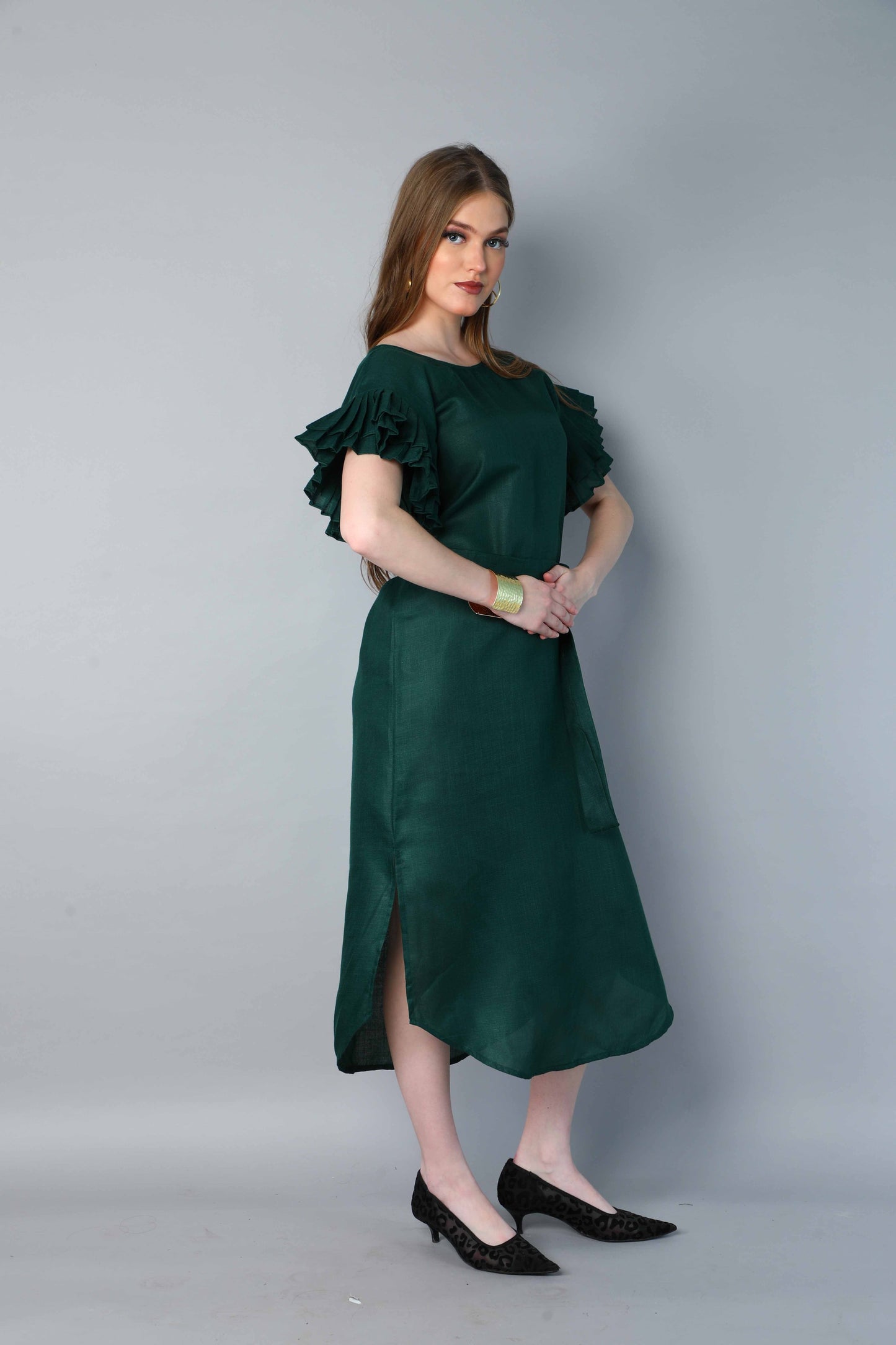 Double-Layered Pleated Ruffle Sleeve Dress -Green