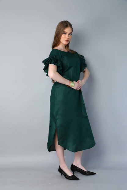 Double-Layered Pleated Ruffle Sleeve Dress -Green