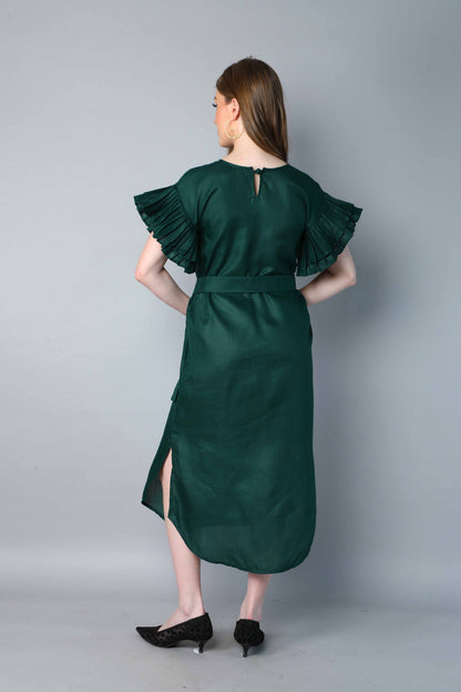 Double-Layered Pleated Ruffle Sleeve Dress -Green