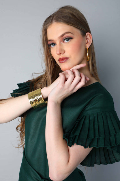 Double-Layered Pleated Ruffle Sleeve Dress -Green