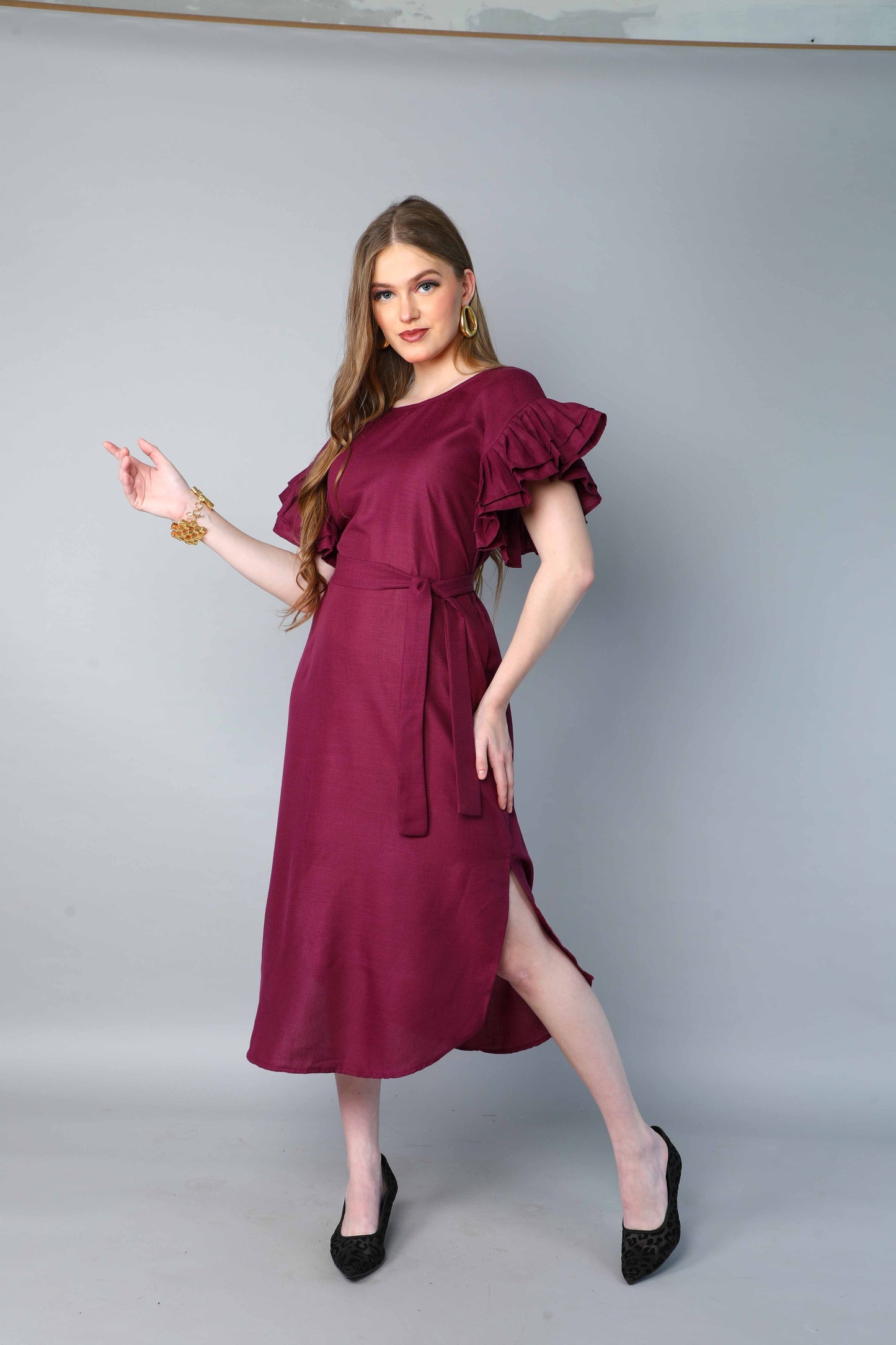 Double-Layered Pleated Ruffle Sleeve Dress -Burgundy