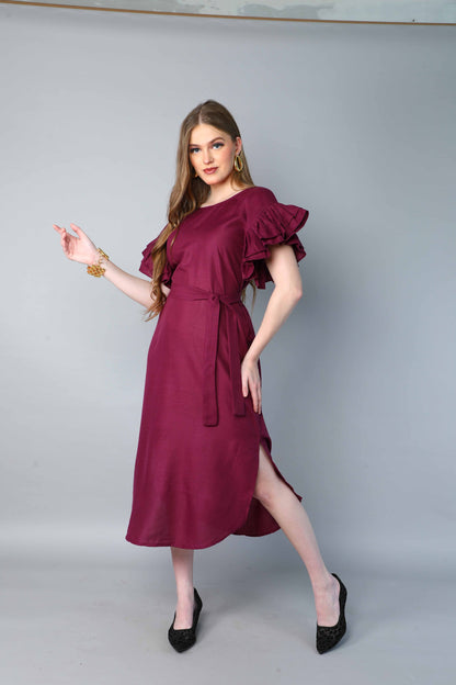 Double-Layered Pleated Ruffle Sleeve Dress -Burgundy