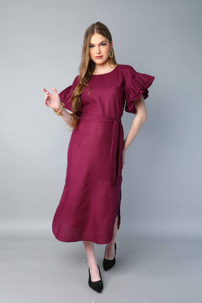 Double-Layered Pleated Ruffle Sleeve Dress -Burgundy
