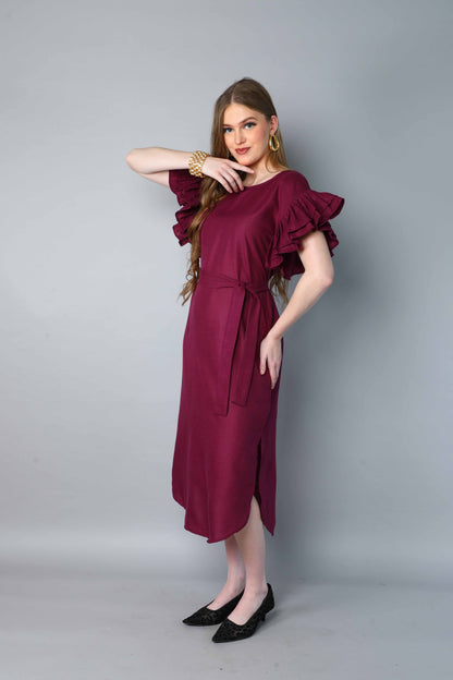 Double-Layered Pleated Ruffle Sleeve Dress -Burgundy