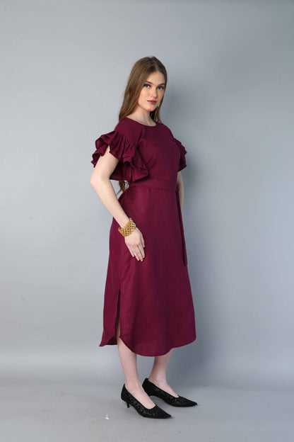 Double-Layered Pleated Ruffle Sleeve Dress -Burgundy