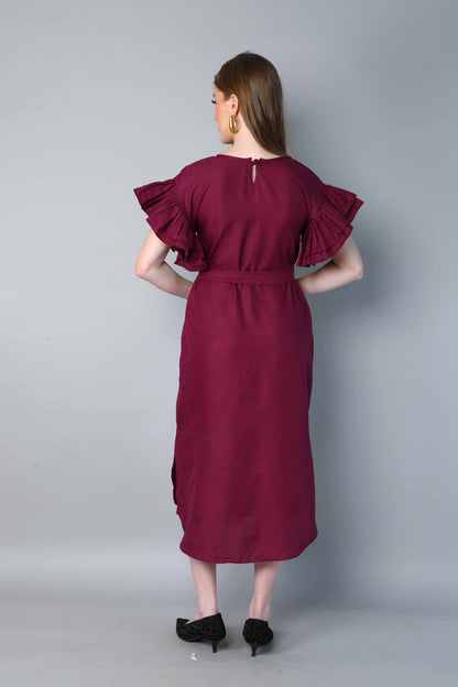 Double-Layered Pleated Ruffle Sleeve Dress -Burgundy