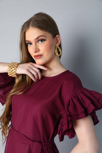 Double-Layered Pleated Ruffle Sleeve Dress -Burgundy