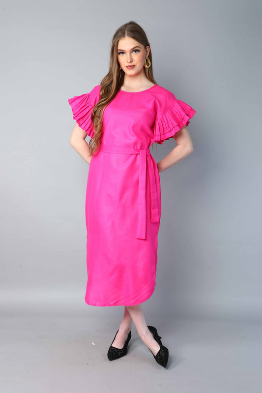 Double-Layered Pleated Ruffle Sleeve Dress -Pink