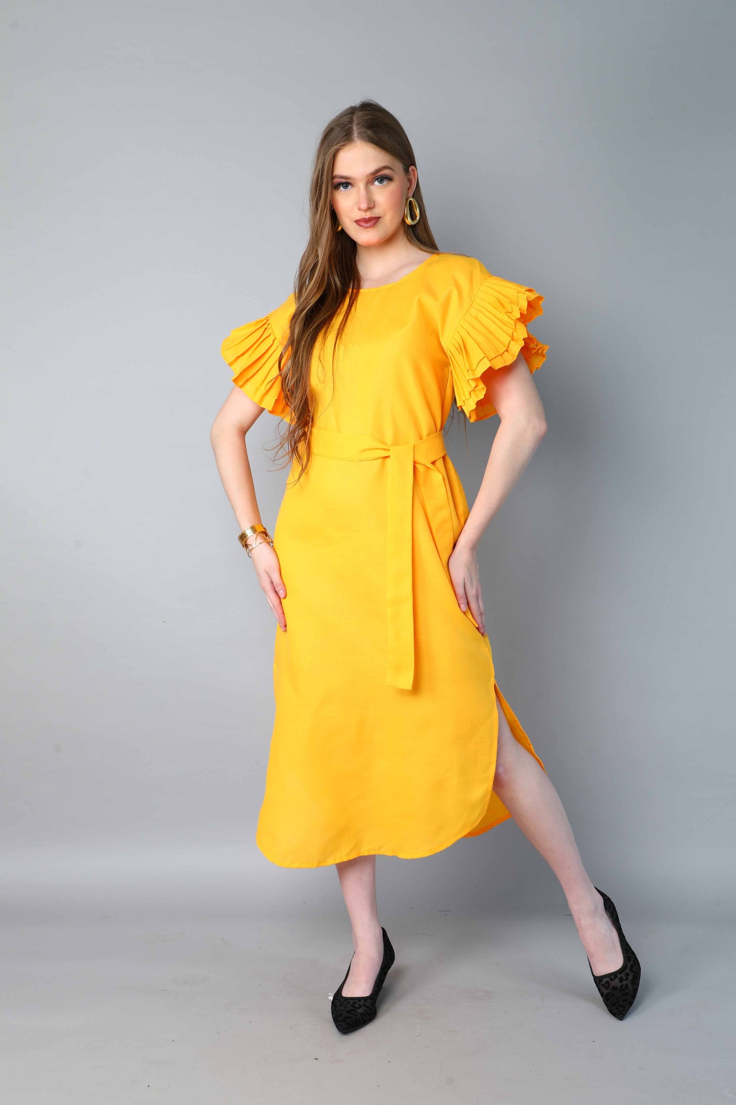 Double-Layered Pleated Ruffle Sleeve Dress -Yellow