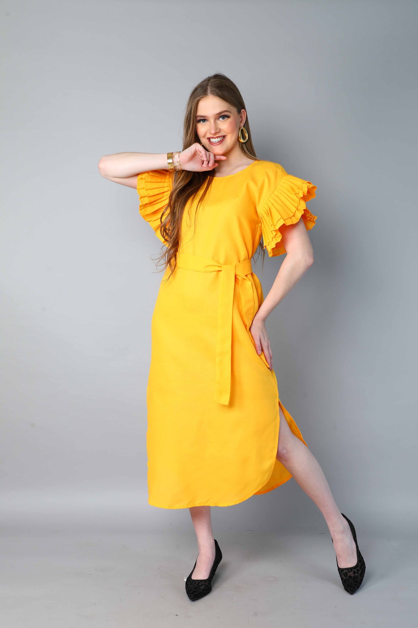 Double-Layered Pleated Ruffle Sleeve Dress -Yellow