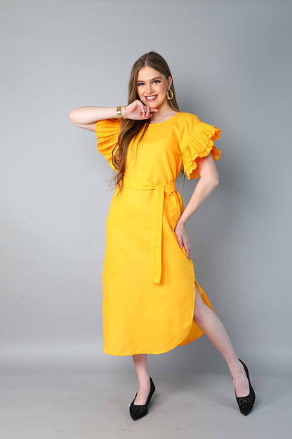 Double-Layered Pleated Ruffle Sleeve Dress -Yellow