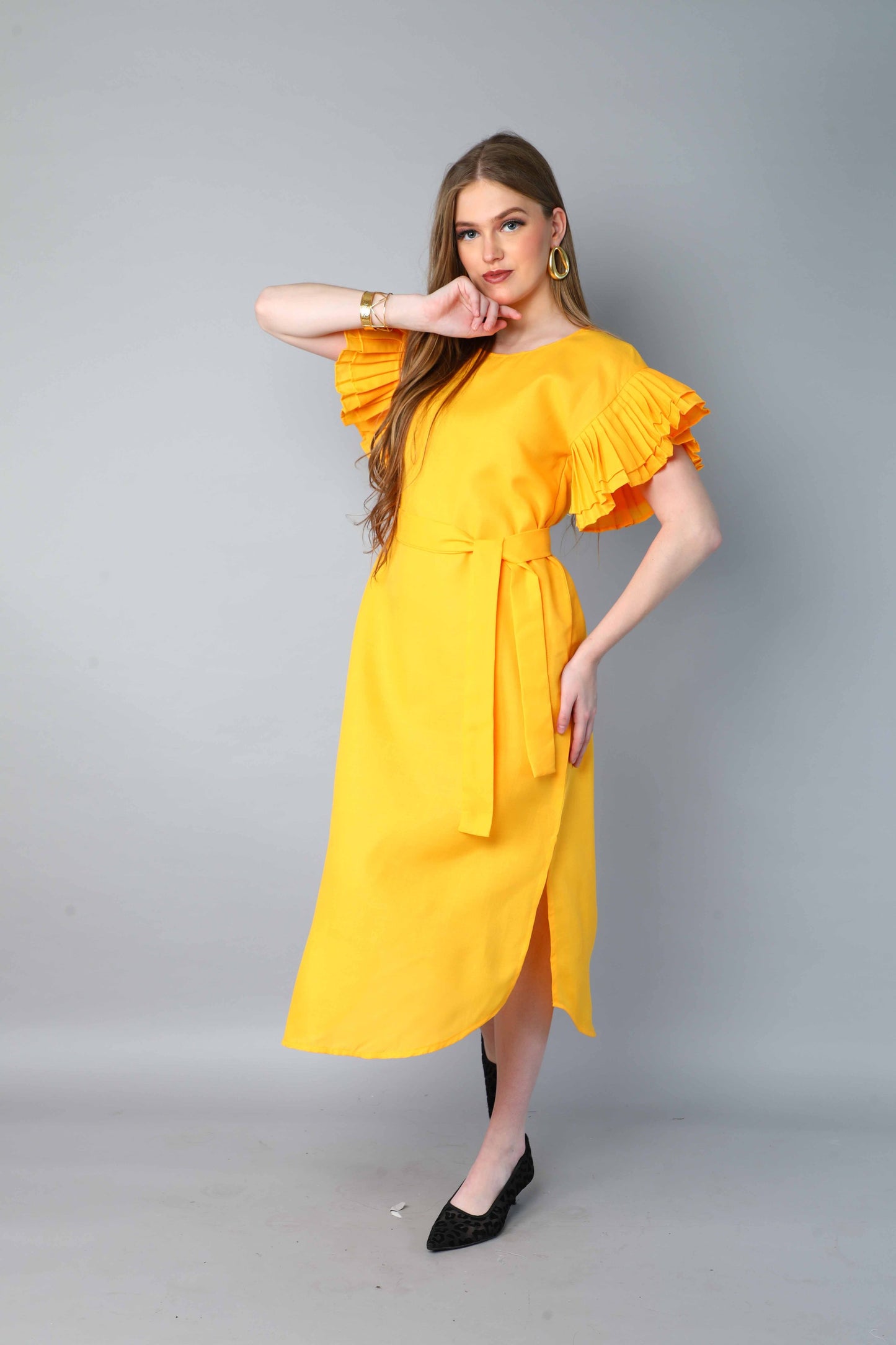 Double-Layered Pleated Ruffle Sleeve Dress -Yellow