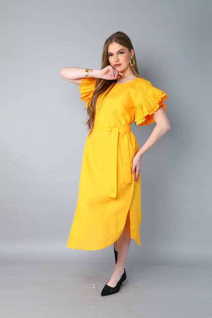 Double-Layered Pleated Ruffle Sleeve Dress -Yellow