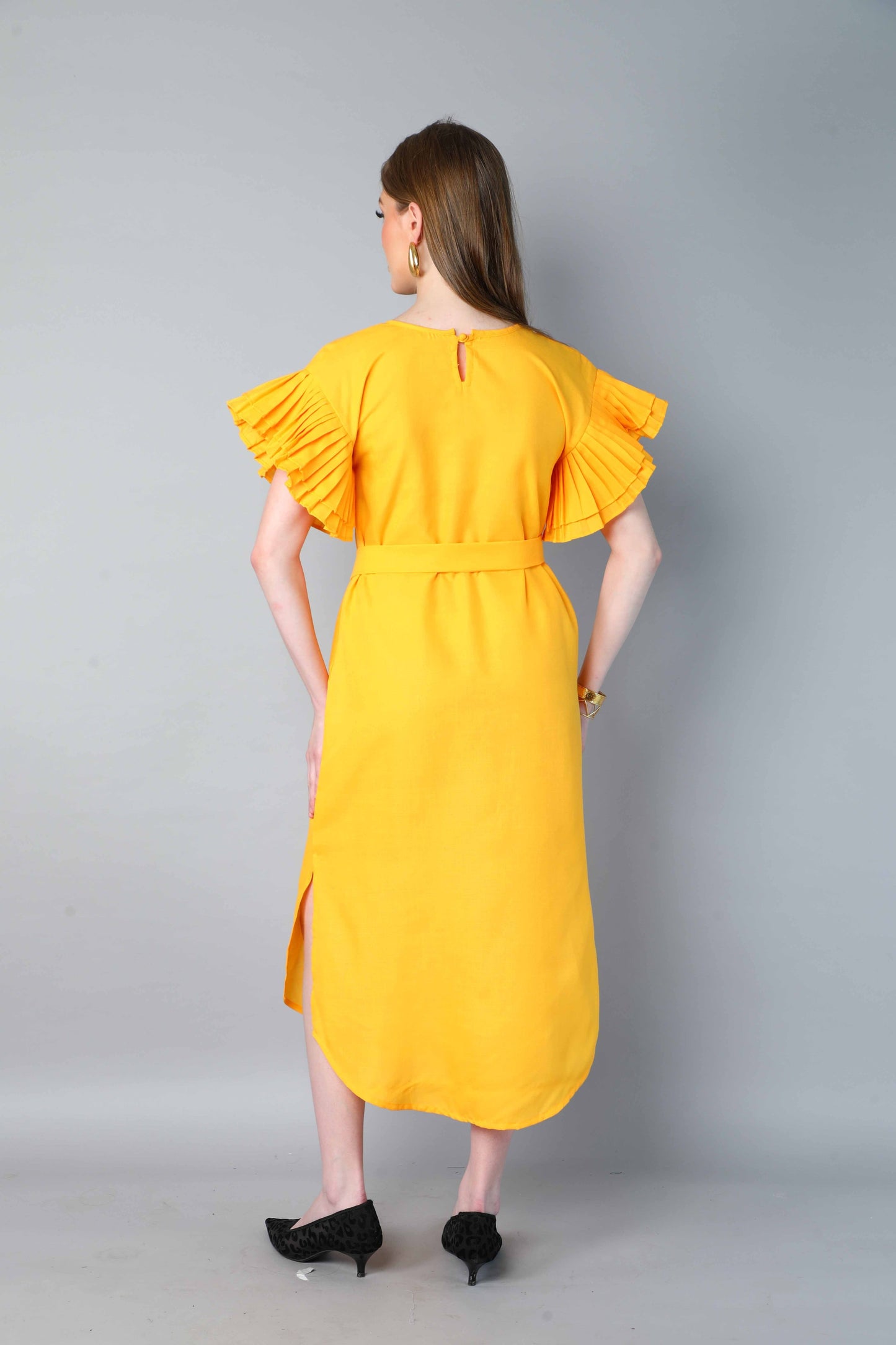 Double-Layered Pleated Ruffle Sleeve Dress -Yellow