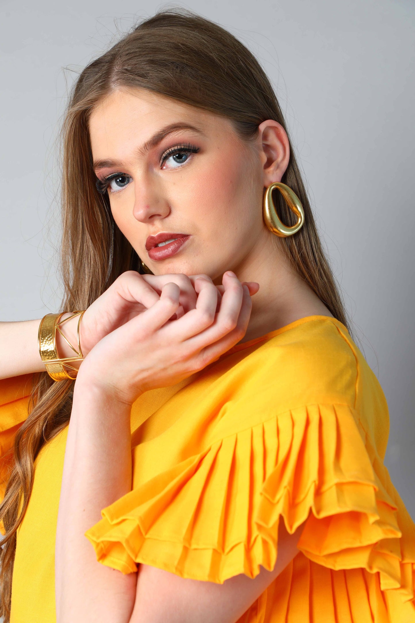 Double-Layered Pleated Ruffle Sleeve Dress -Yellow