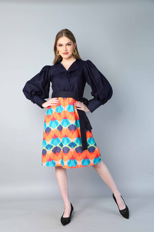 Navy Blue & Multicolor Printed One-Piece Dress with Puff Sleeves