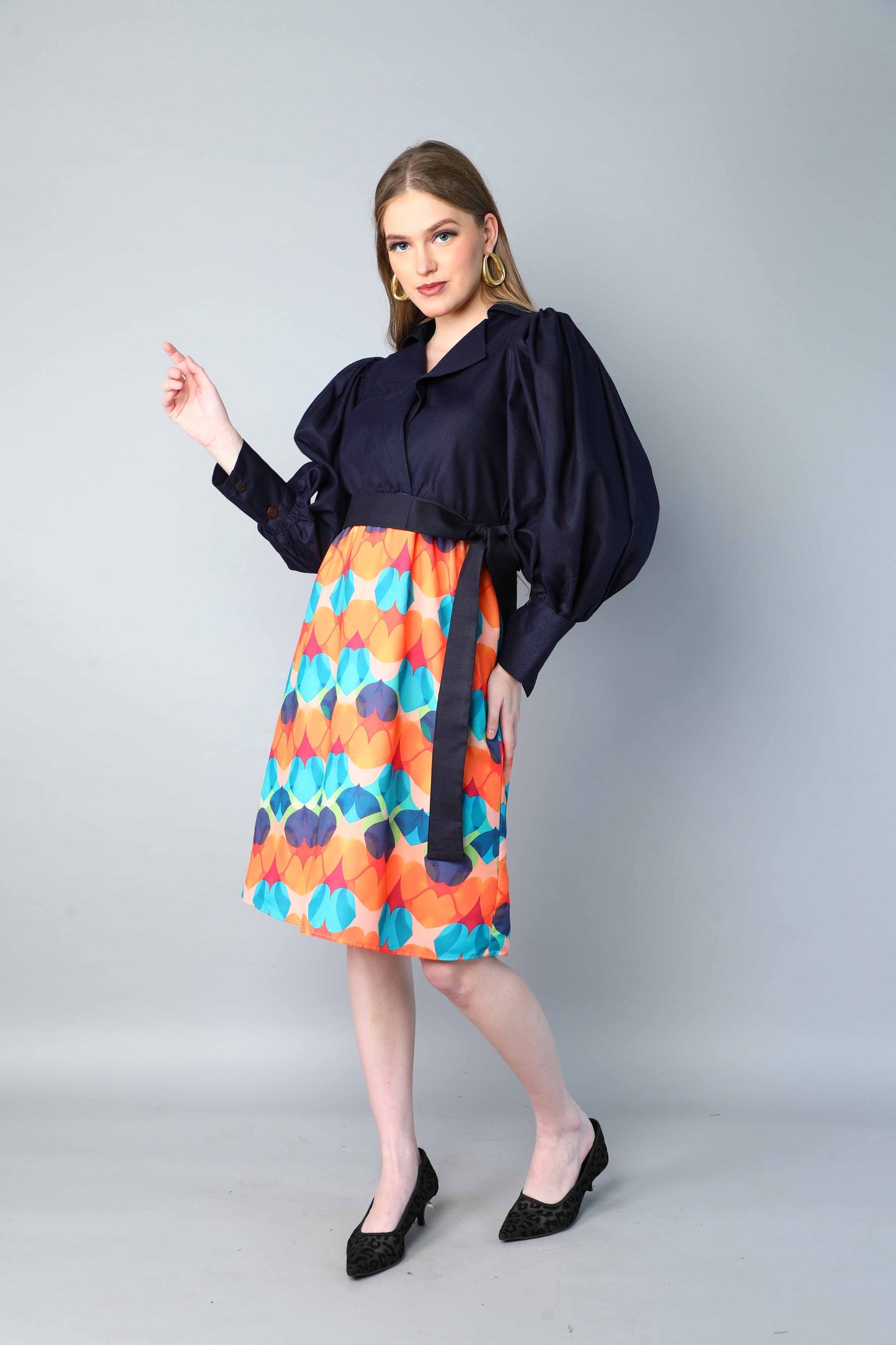 Navy Blue & Multicolor Printed One-Piece Dress with Puff Sleeves