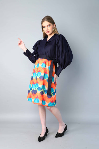 Navy Blue & Multicolor Printed One-Piece Dress with Puff Sleeves