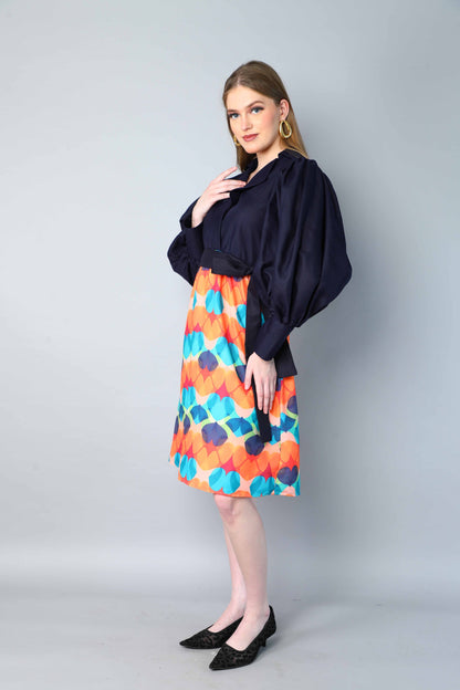 Navy Blue & Multicolor Printed One-Piece Dress with Puff Sleeves