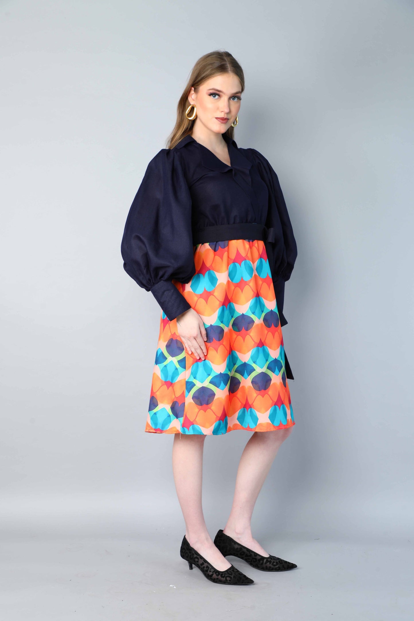 Navy Blue & Multicolor Printed One-Piece Dress with Puff Sleeves