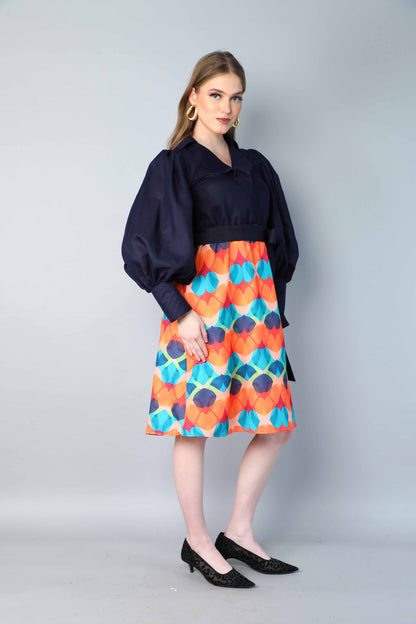 Navy Blue & Multicolor Printed One-Piece Dress with Puff Sleeves