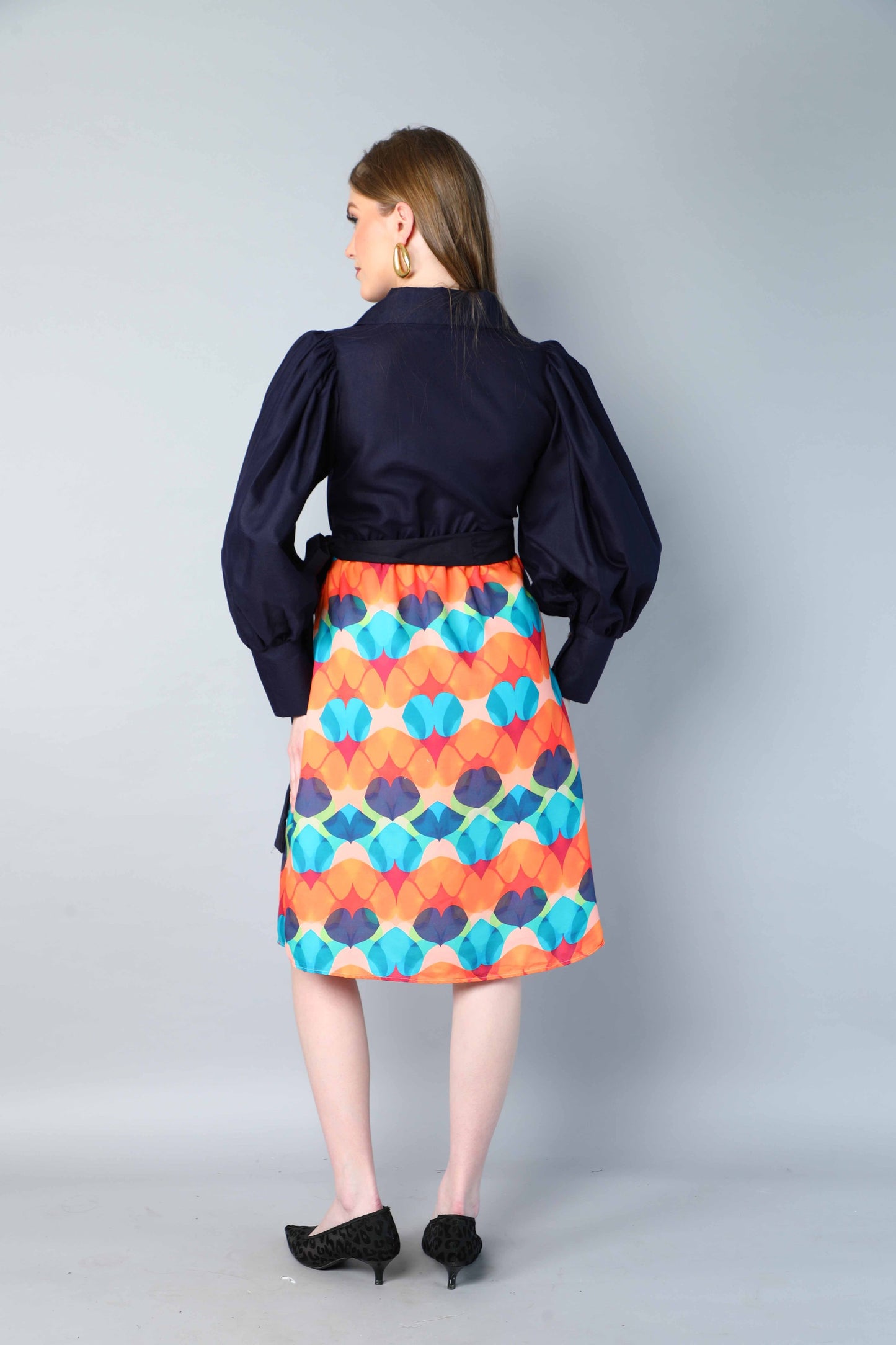 Navy Blue & Multicolor Printed One-Piece Dress with Puff Sleeves