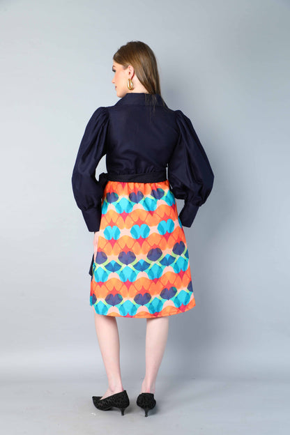 Navy Blue & Multicolor Printed One-Piece Dress with Puff Sleeves