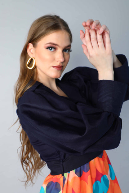 Navy Blue & Multicolor Printed One-Piece Dress with Puff Sleeves