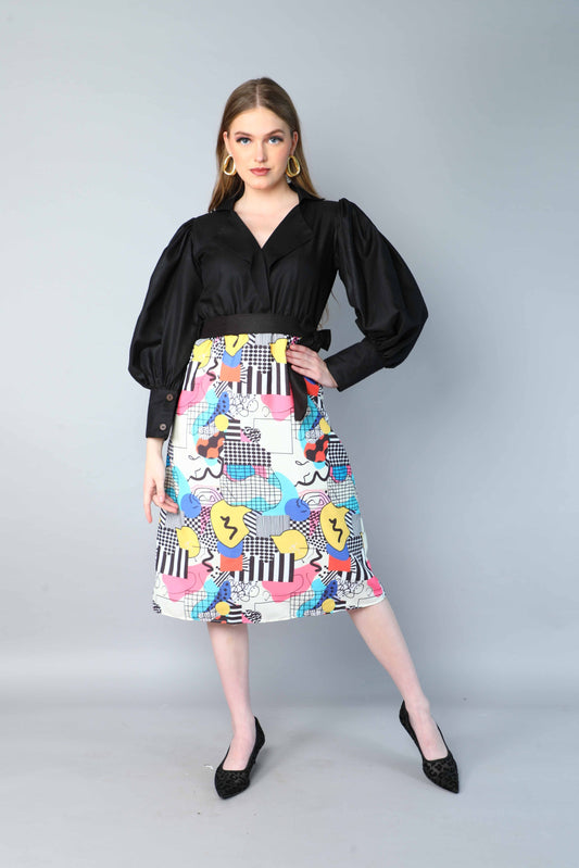 Black & Multicolor Printed One-Piece Dress with Puff Sleeves