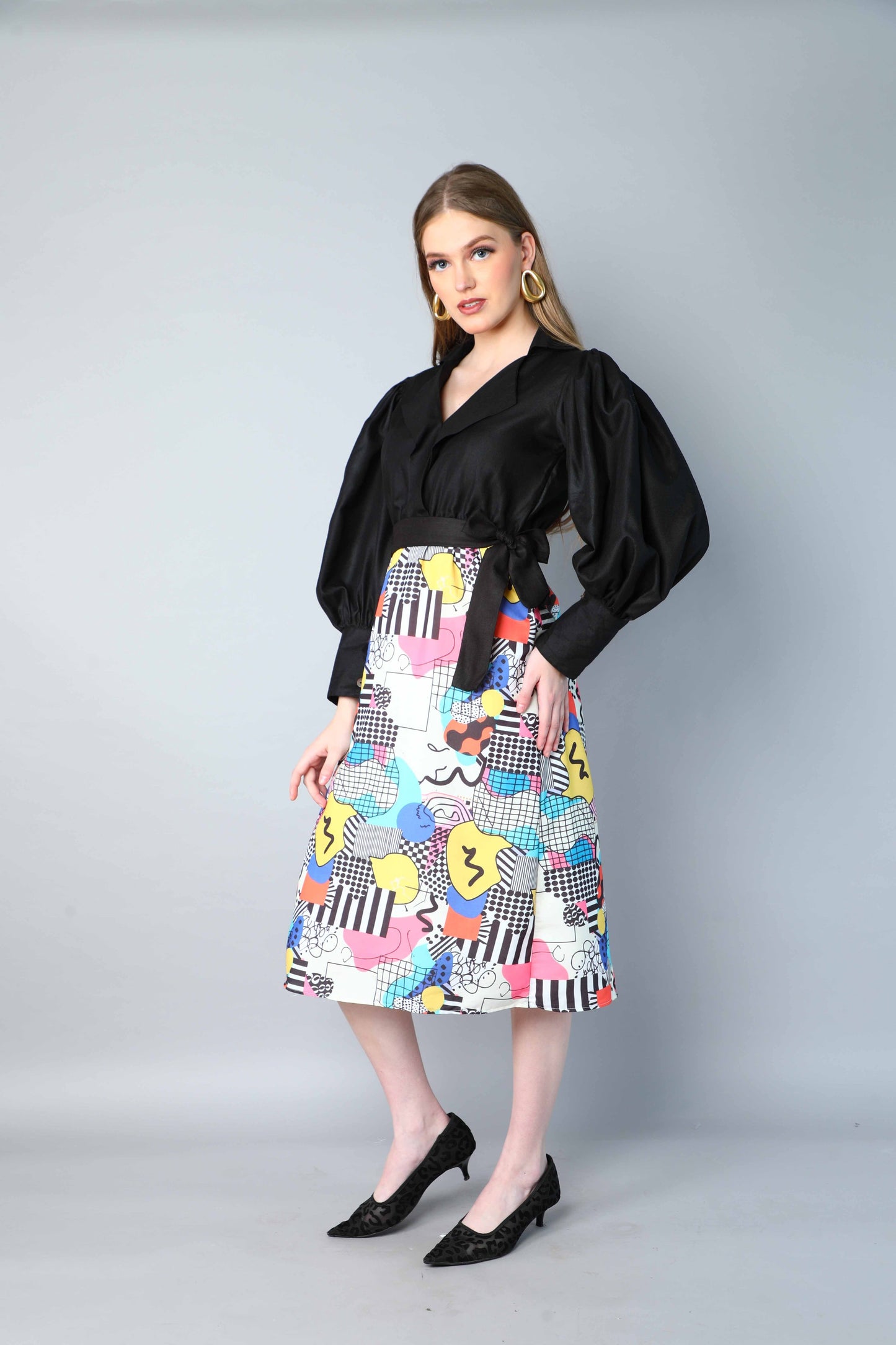 Black & Multicolor Printed One-Piece Dress with Puff Sleeves