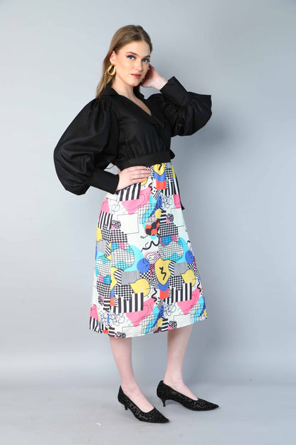 Black & Multicolor Printed One-Piece Dress with Puff Sleeves