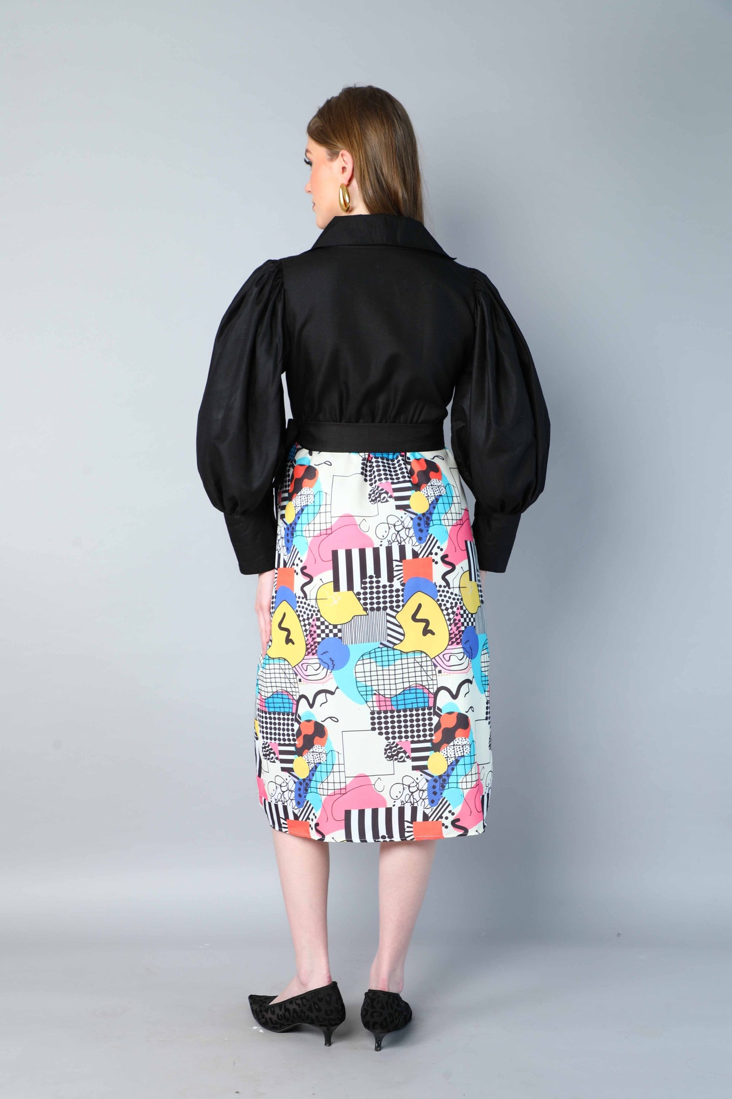Black & Multicolor Printed One-Piece Dress with Puff Sleeves