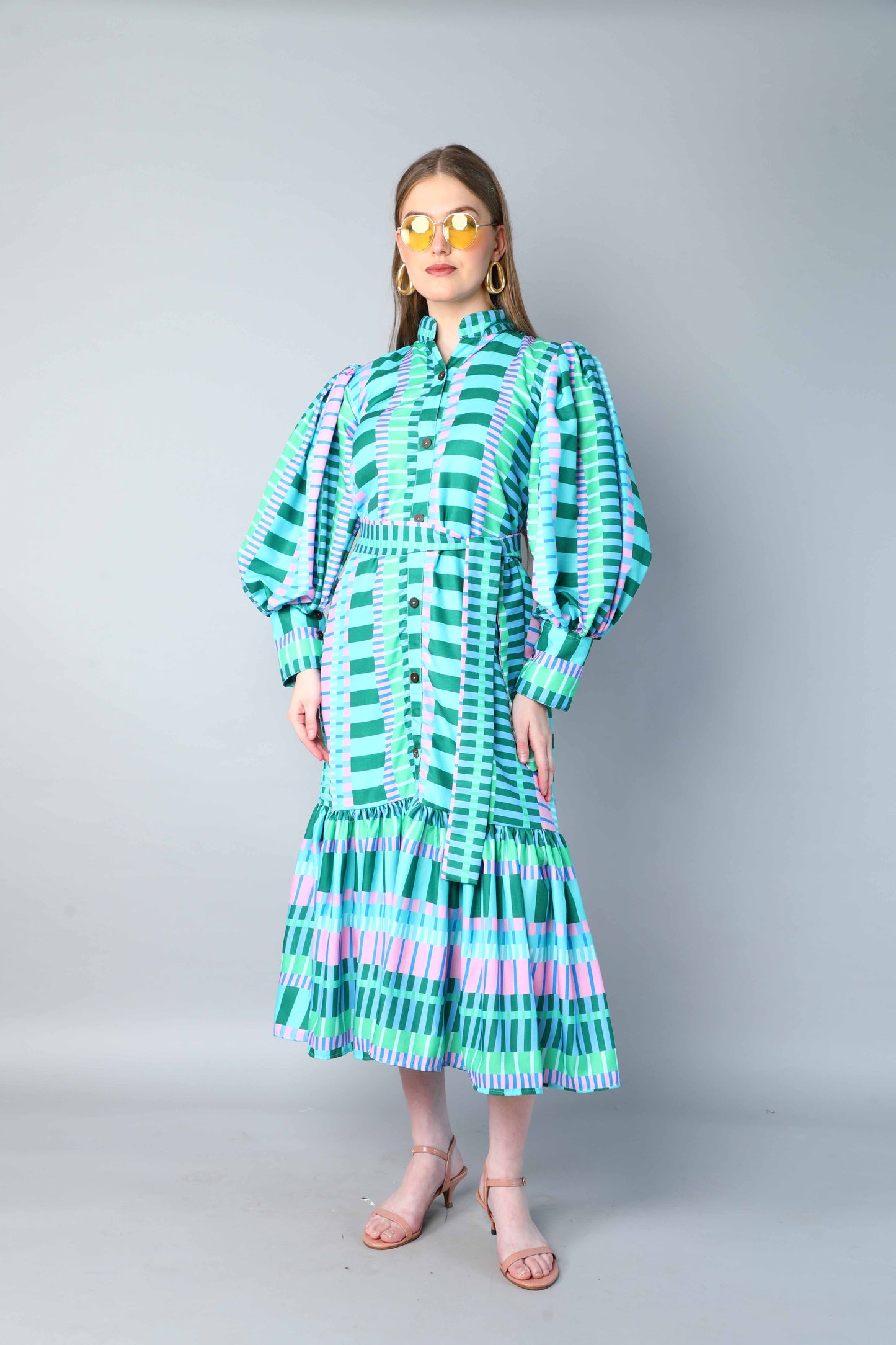 Green & Lilac Striped Puff Sleeve Belted Midi Dress