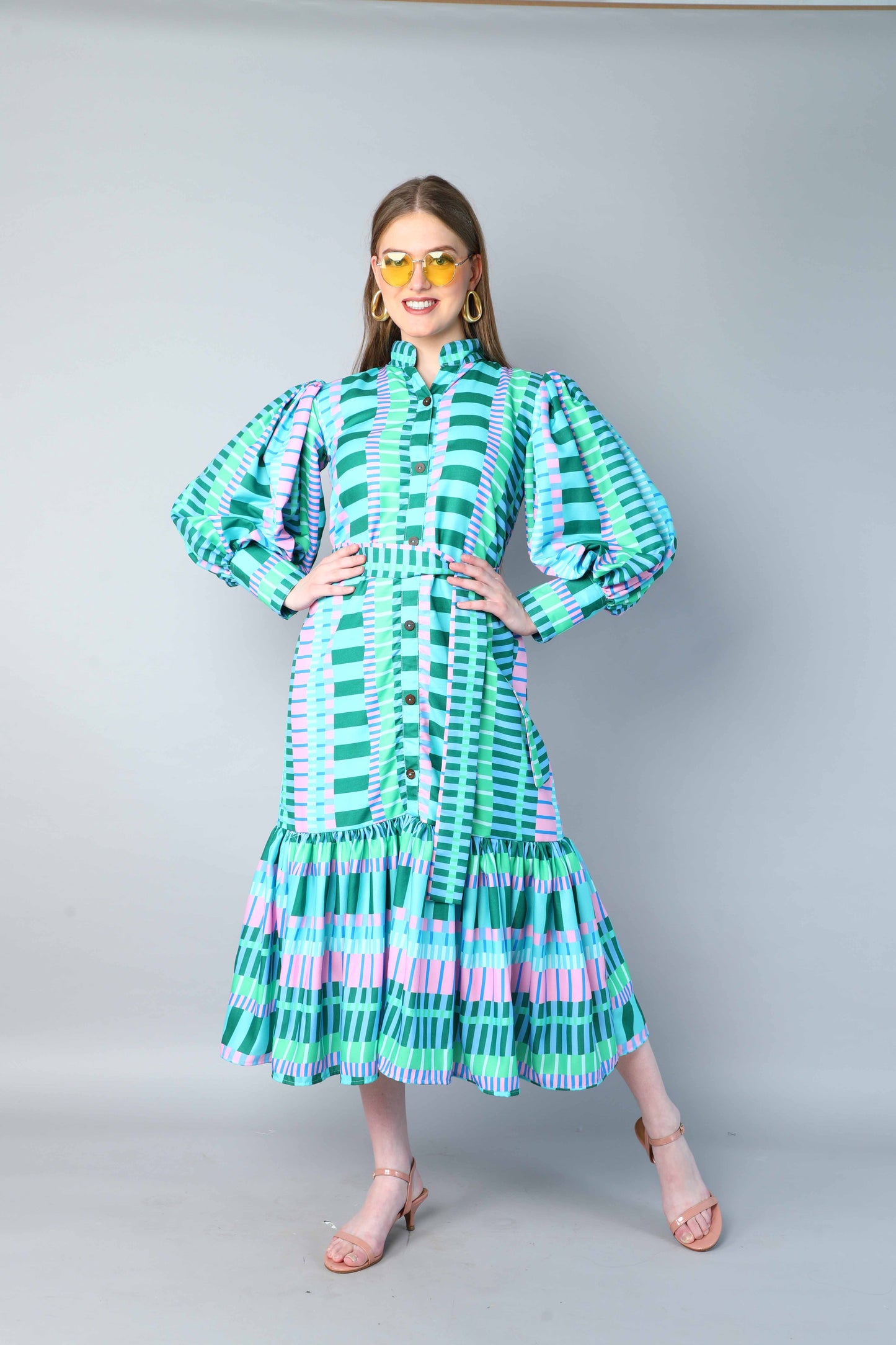 Green & Lilac Striped Puff Sleeve Belted Midi Dress