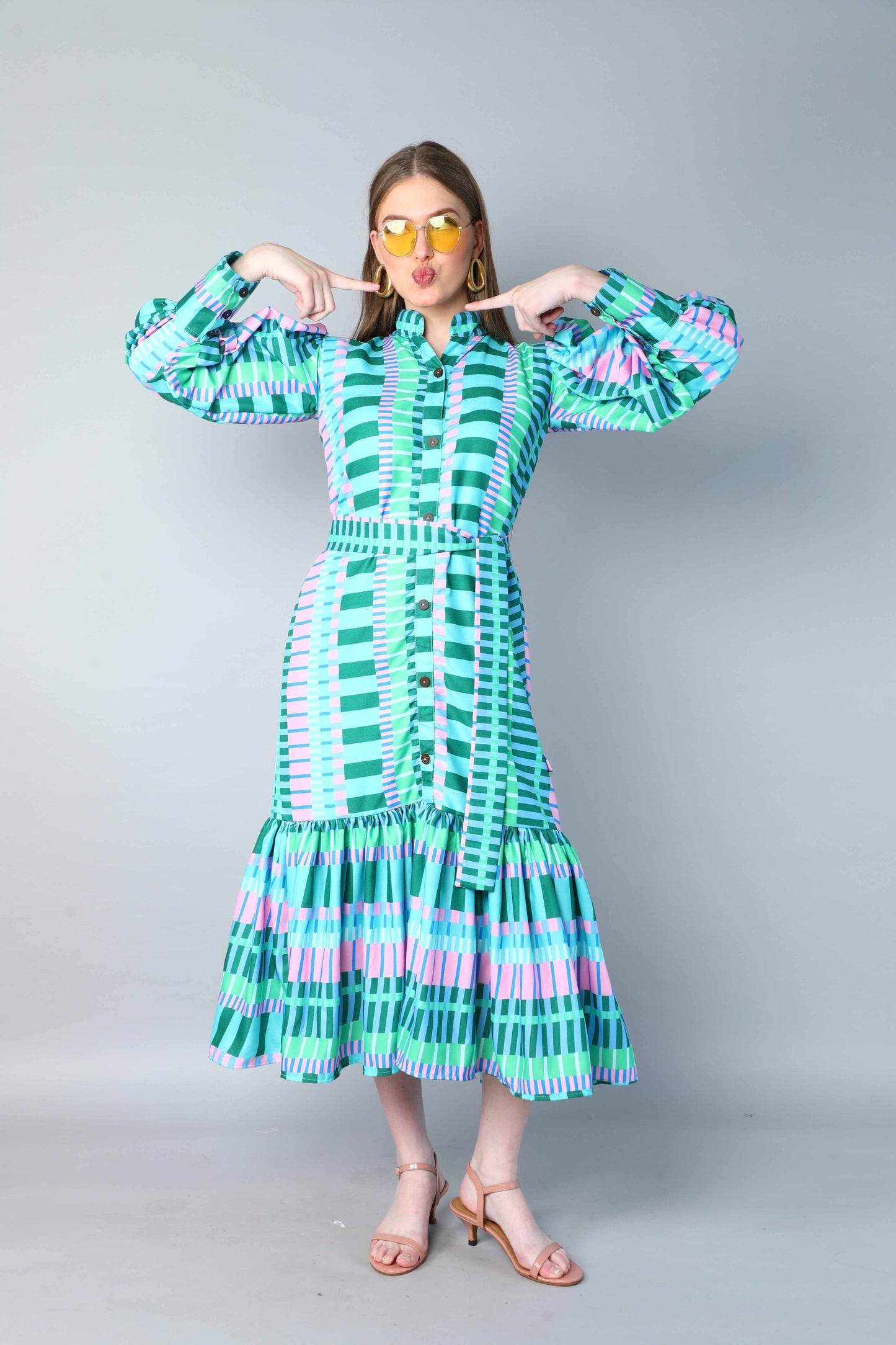 Green & Lilac Striped Puff Sleeve Belted Midi Dress